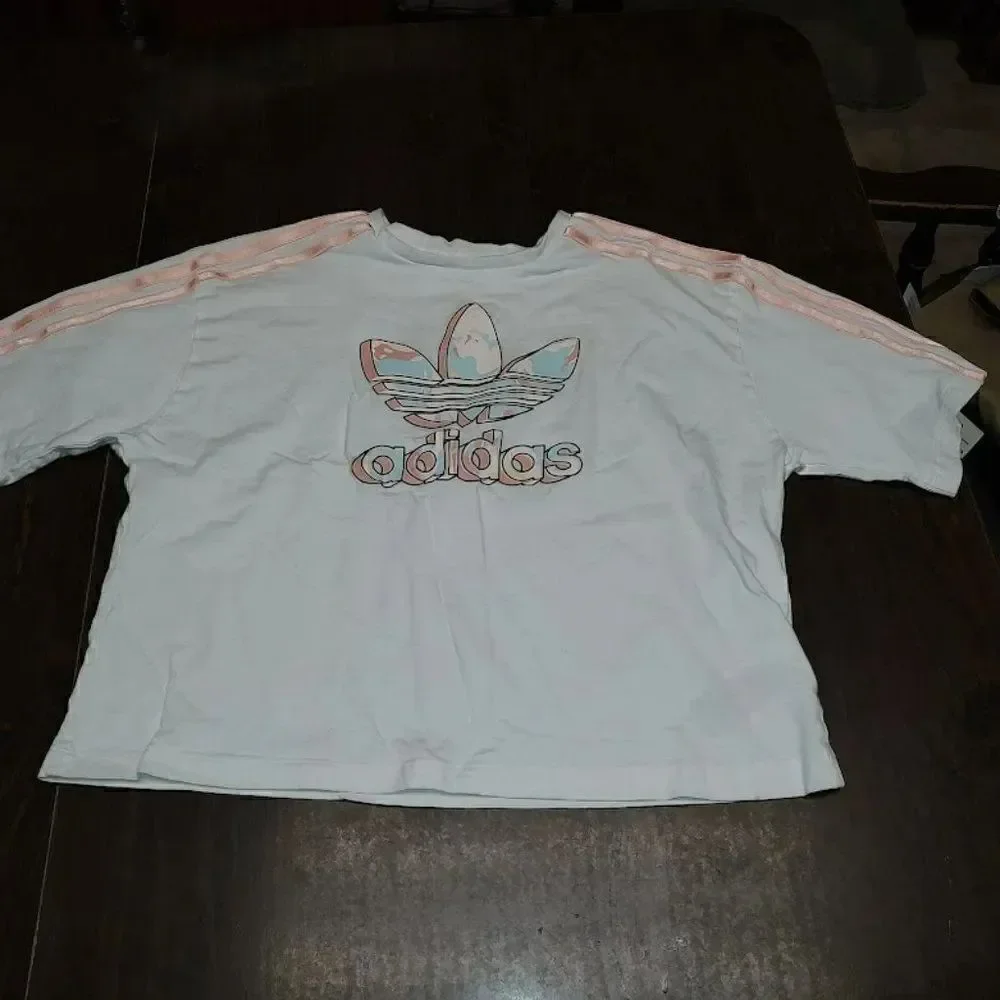 New Adidas White Pink Crop Top Pants Outfit Size Girl's 13/14 Years